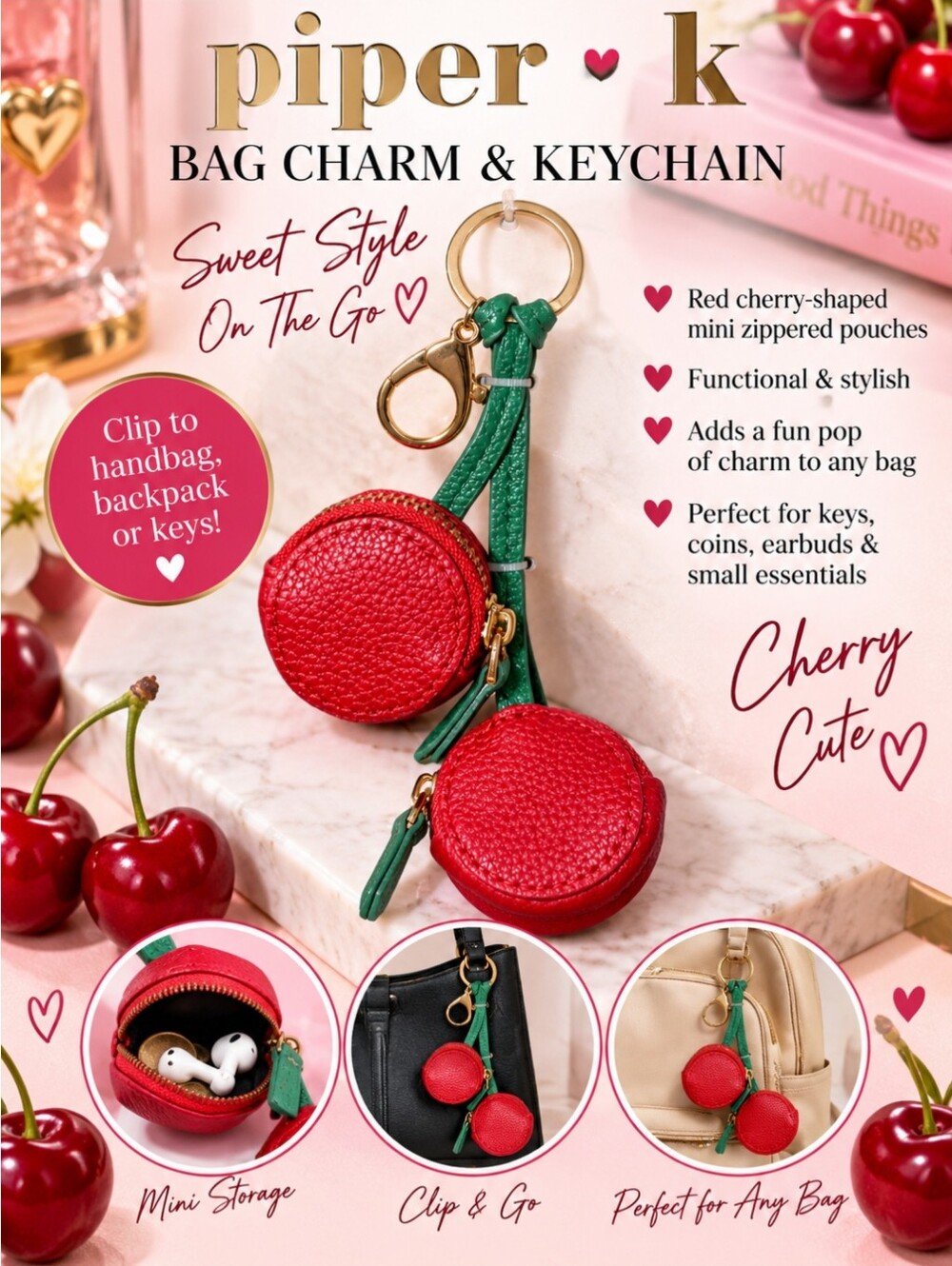 Piper K Cherry Zip Bag Charm & Key Chain